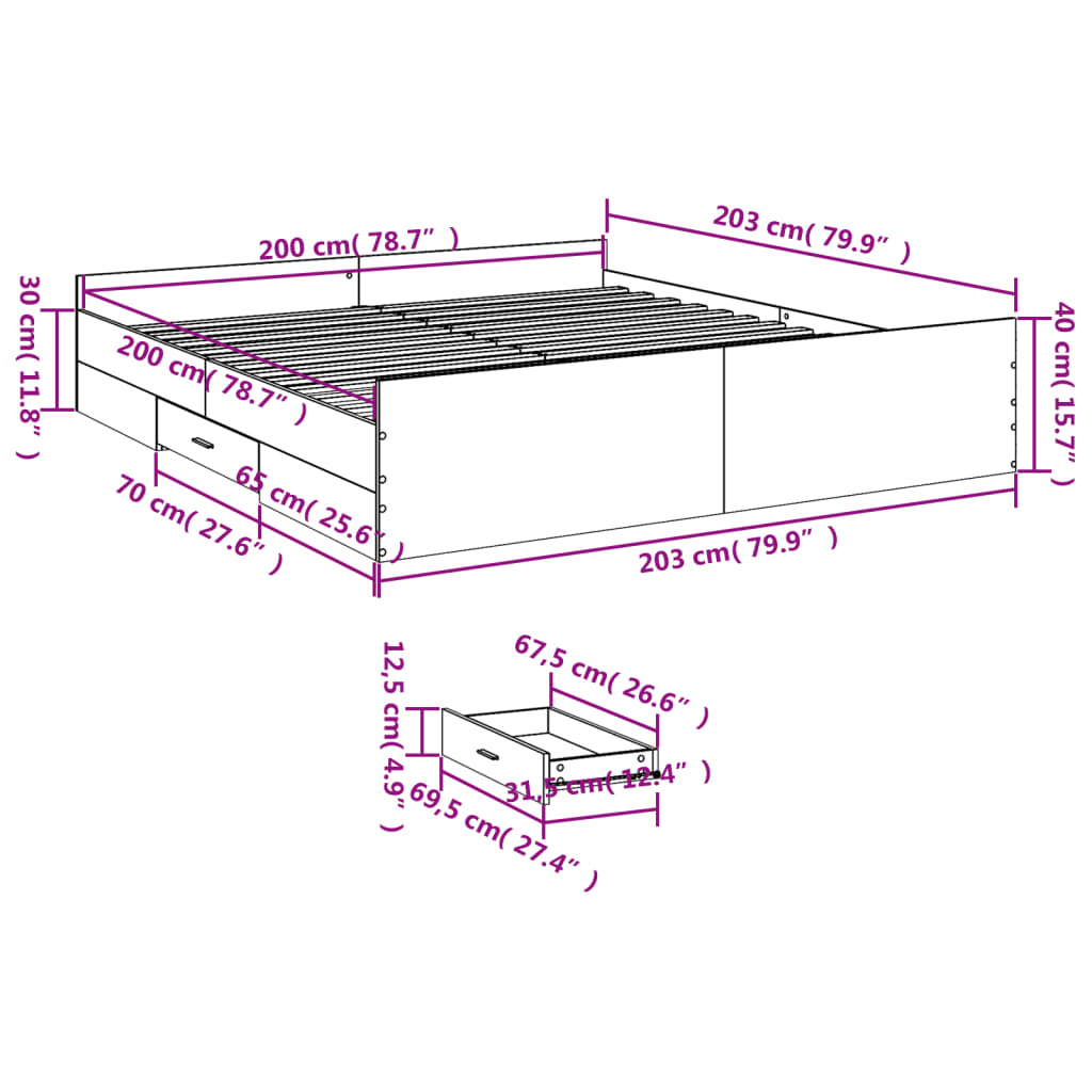 vidaXL Posteľný rám so zásuvkami dub sonoma 200x200cm kompozitné drevo