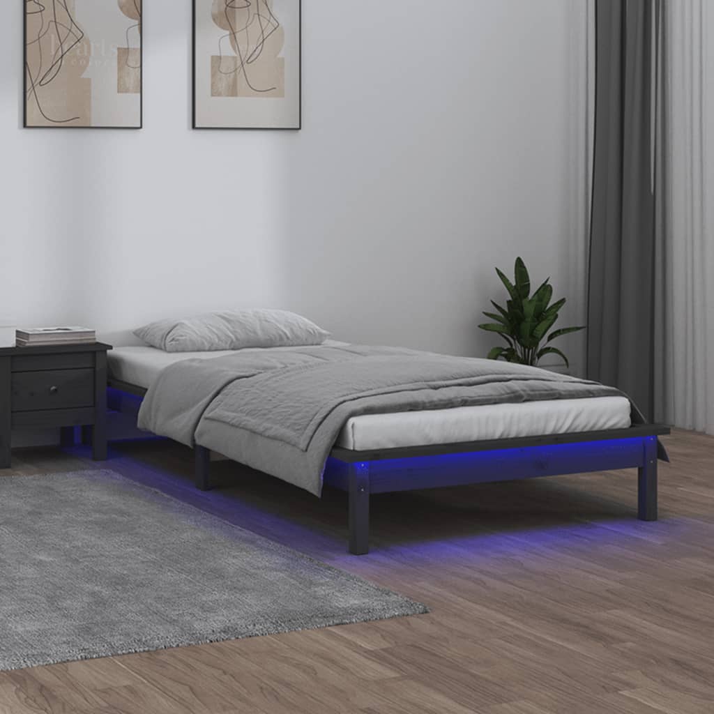 vidaXL Posteľný rám s LED sivý 75x190 cm malé jednolôžko masívne drevo