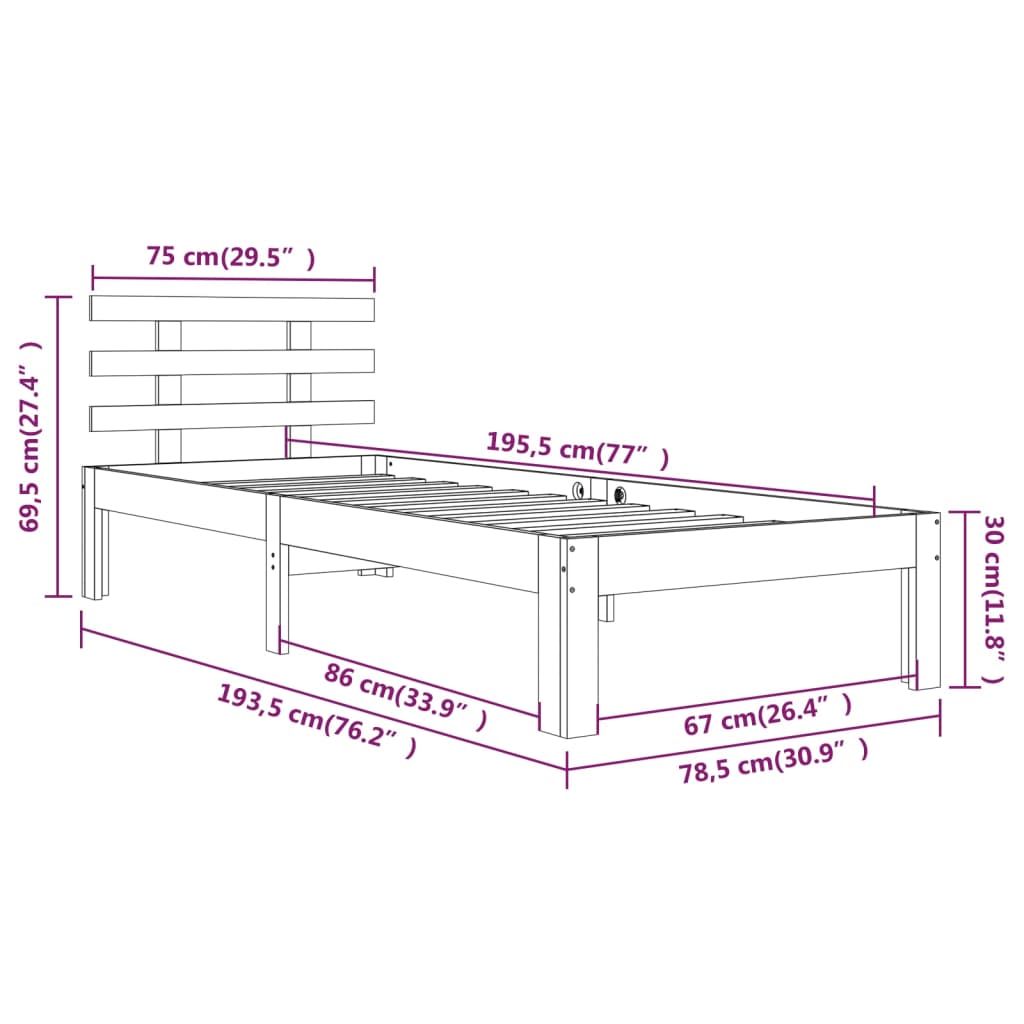 vidaXL Posteľný rám biely masívne drevo 75x190 cm 2FT6 malé jednolôžko