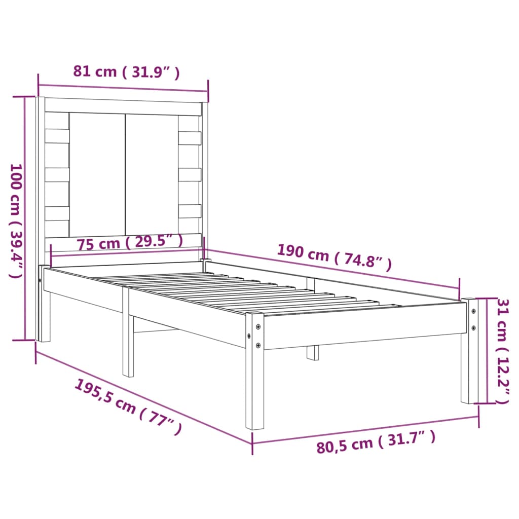 vidaXL Posteľný rám masívne drevo 75x190 cm 2FT6 malé jednolôžko