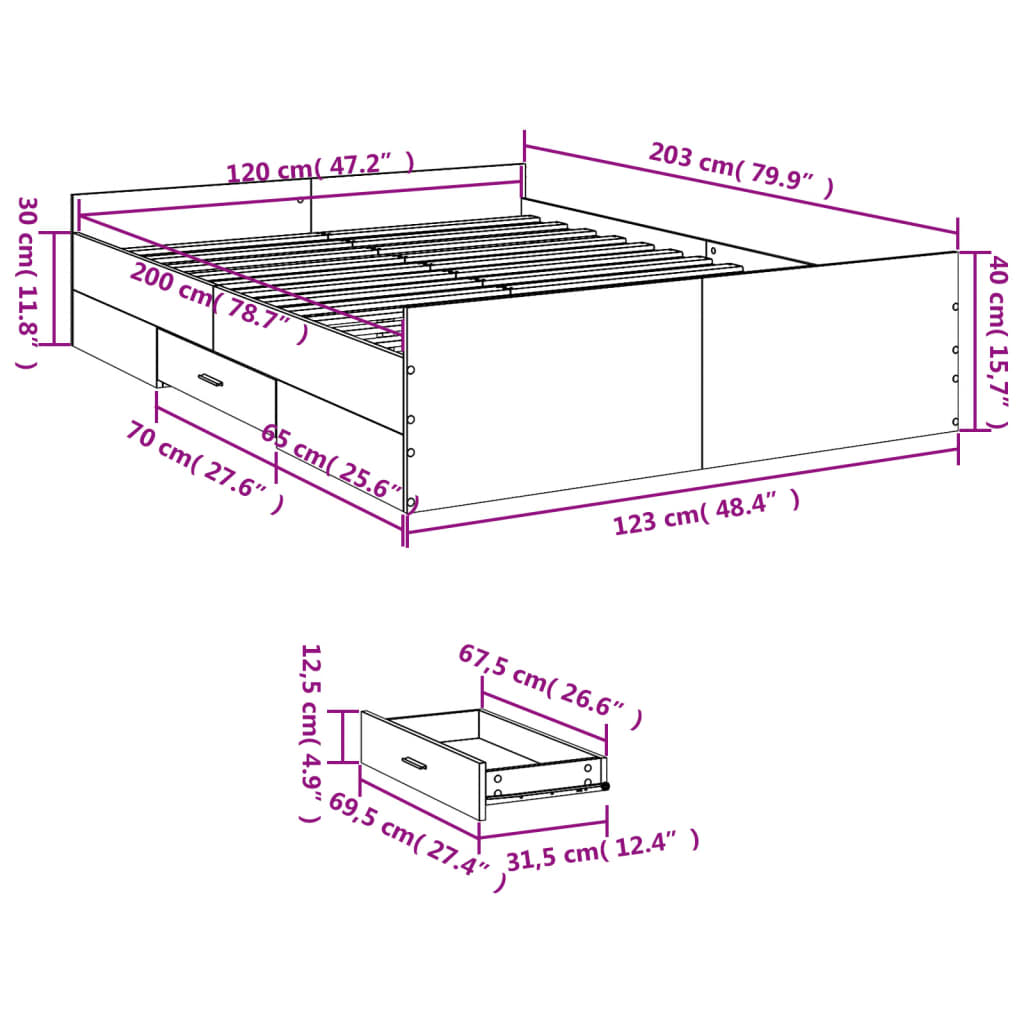 vidaXL Posteľný rám so zásuvkami hnedý dub 120x200 cm kompozitné drevo