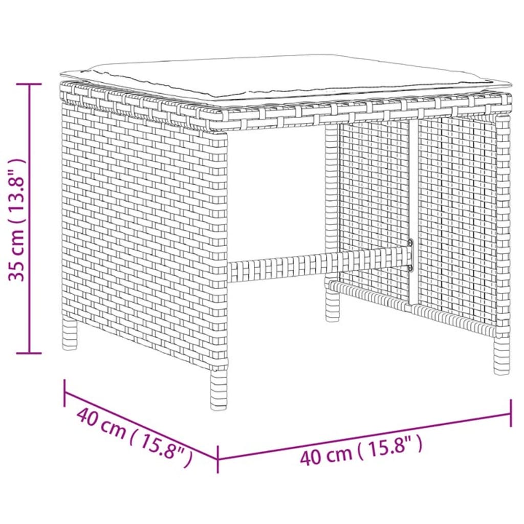 vidaXL Záhradné taburetky s vankúšmi 4 ks sivé 40x40x35 cm polyratan