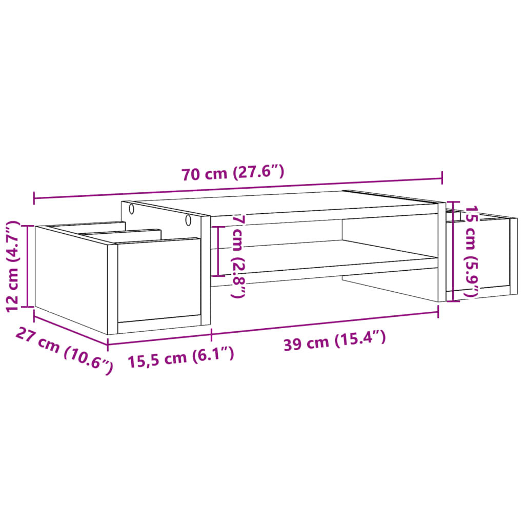 vidaXL Stojan na monitor s policou hnedý dub 70x27x15 cm kompoz. drevo