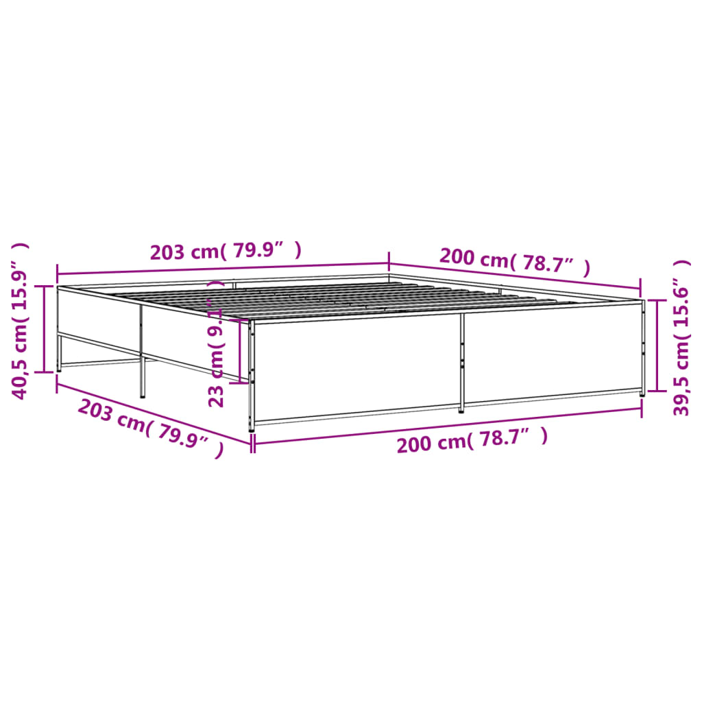 vidaXL Posteľný rám dymový dub 200x200 cm kompozitné drevo a kov