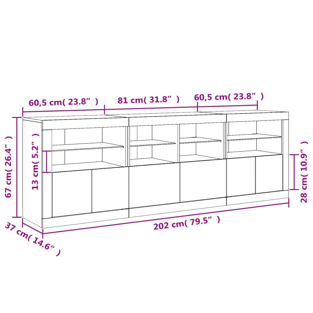 vidaXL Komoda s LED svetlami biela 202x37x67 cm