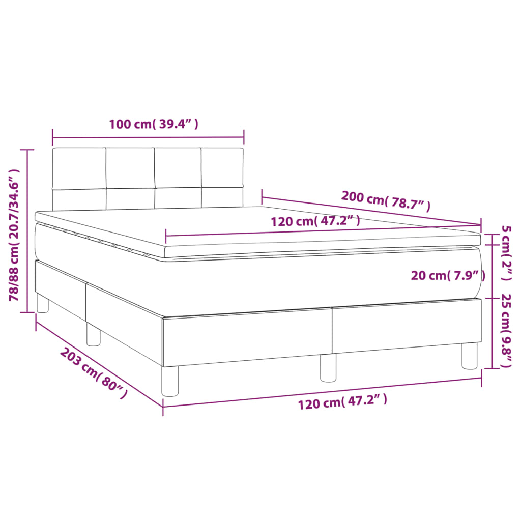 vidaXL Posteľný rám boxsping matrac a LED tmavozelený 120x200 cm zamat