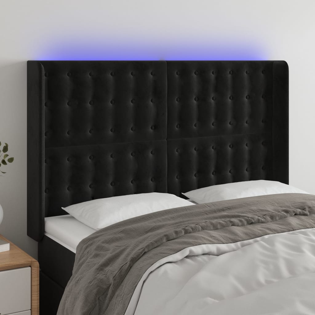 vidaXL Čelo postele s LED čierne 147x16x118/128 cm zamat