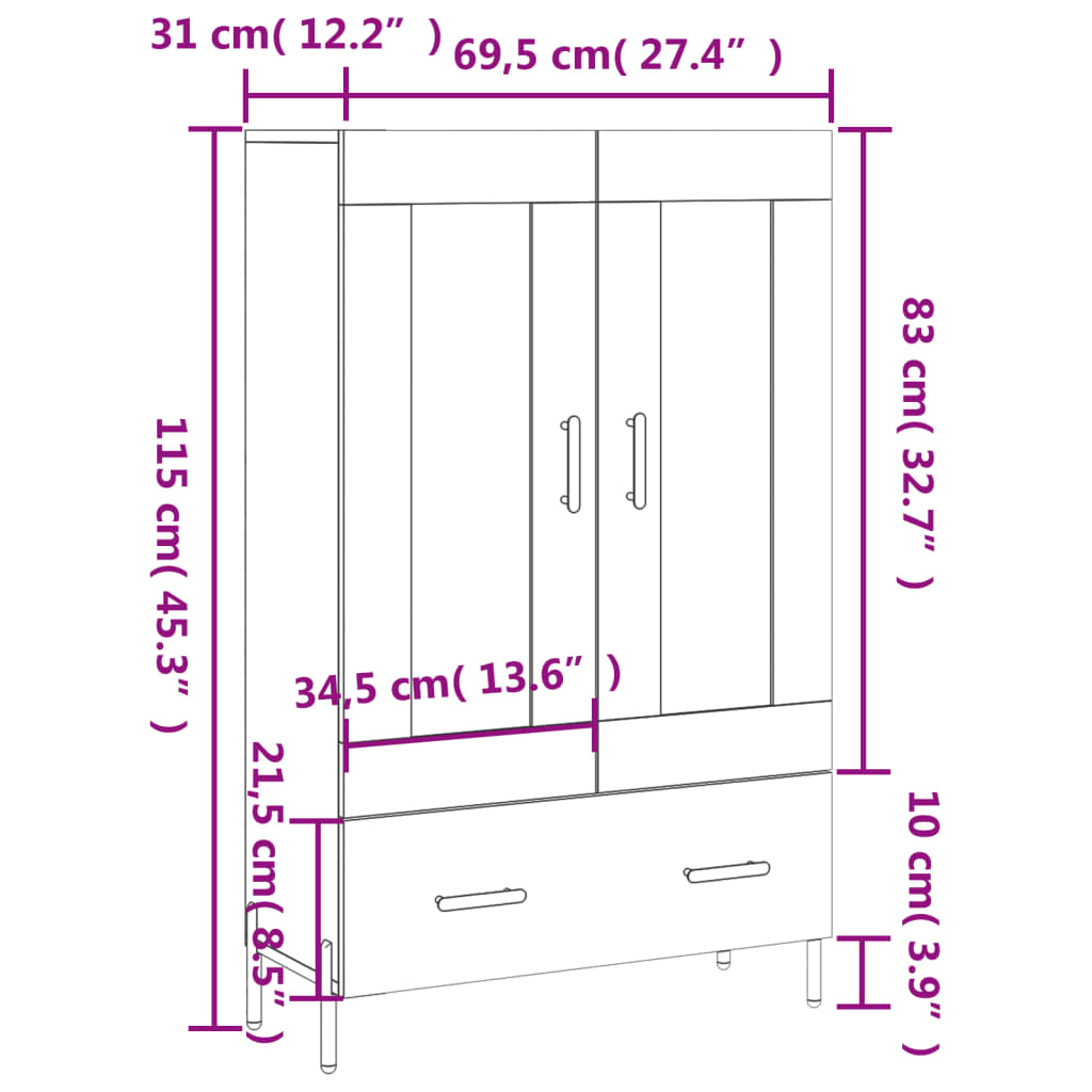 vidaXL Vysoká skrinka biela 69,5x31x115 cm kompozitné drevo