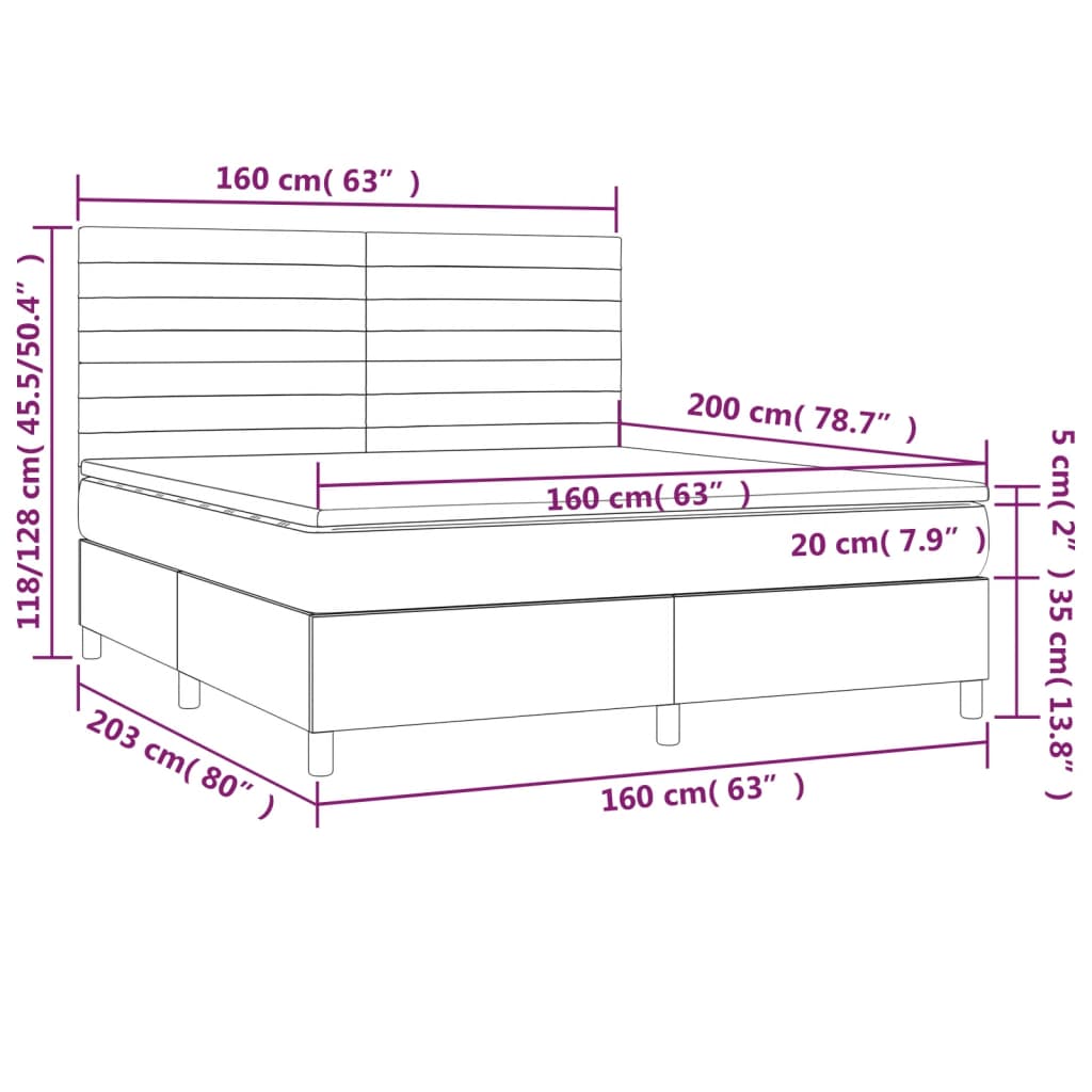 vidaXL Posteľný rám boxsping matrac a LED tmavomodrý 160x200 cm zamat