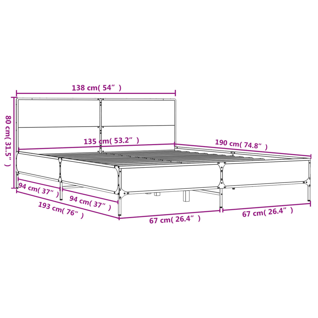 vidaXL Posteľný rám dymový dub 135x190 cm kompozitné drevo a kov