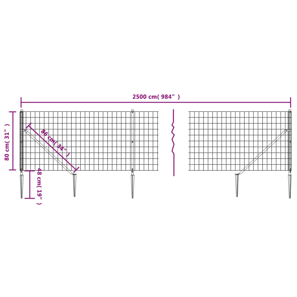 vidaXL Drôtený plot s kotviacimi hrotmi antracitový 0,8x25 m