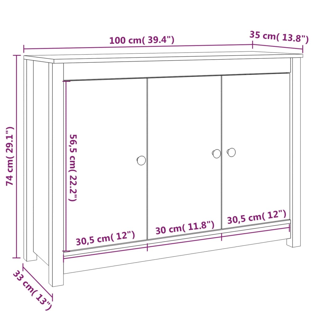 vidaXL Komoda biela 100x35x74 cm borovicový masív