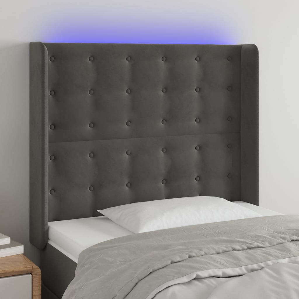 vidaXL Čelo postele s LED tmavosivé 93x16x118/128 cm zamat