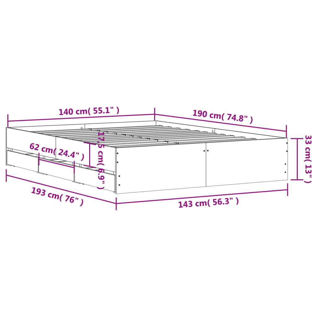 vidaXL Posteľný rám so zásuvkami sivý sonoma 140x190cm kompozit. drevo