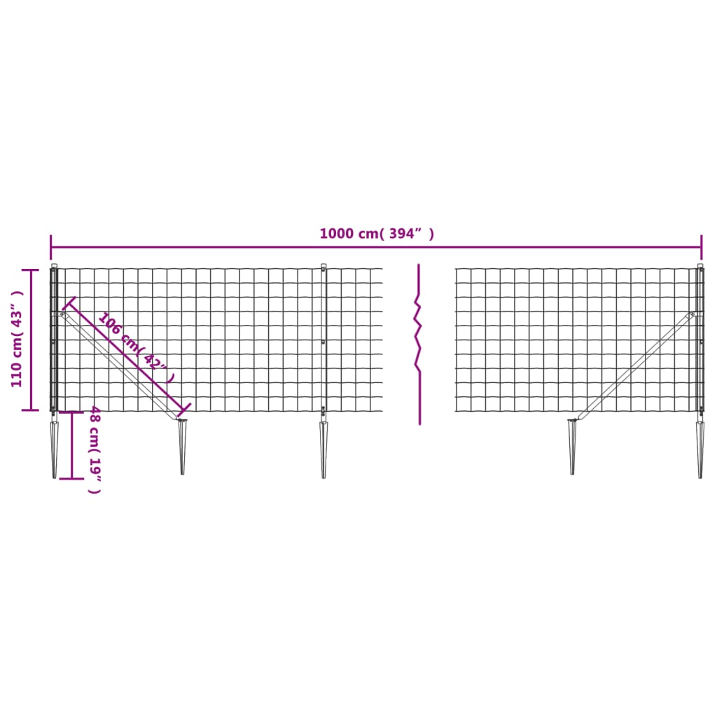 vidaXL Drôtený plot s kotviacimi hrotmi antracitový 1,1x10 m