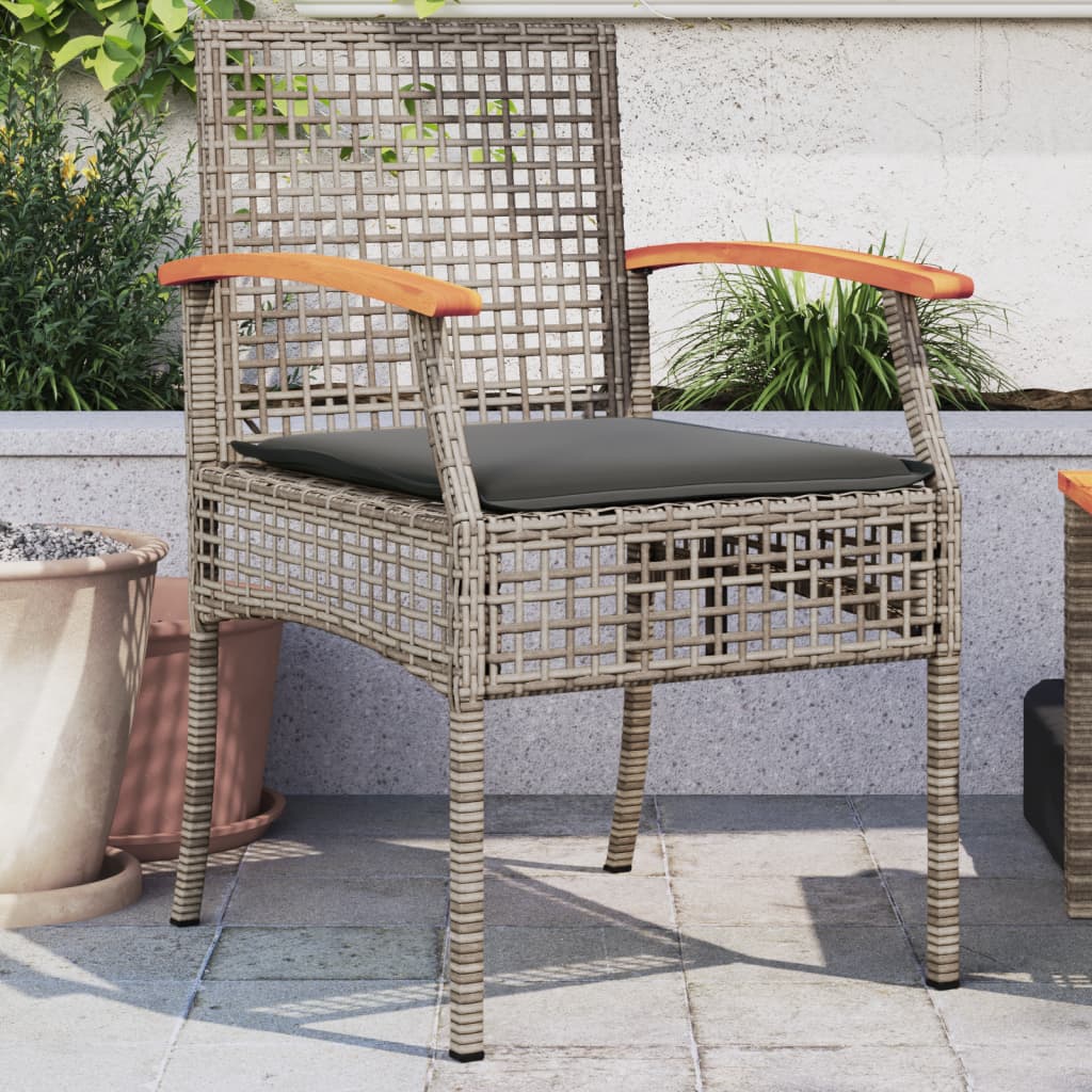 vidaXL Záhradné stoličky s vankúšmi 2 ks sivé polyratan akáciové drevo