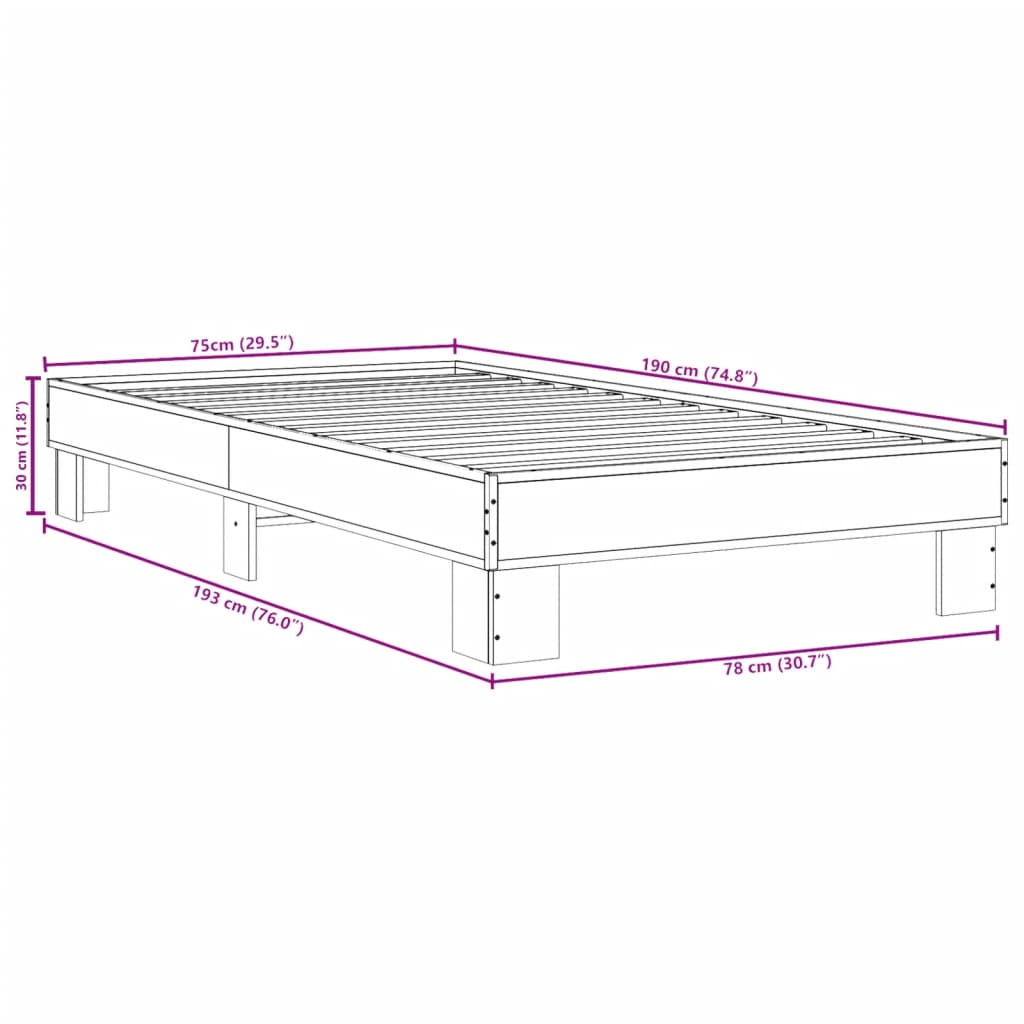 vidaXL Posteľný rám dymový dub 75x190 cm kompozitné drevo a kov