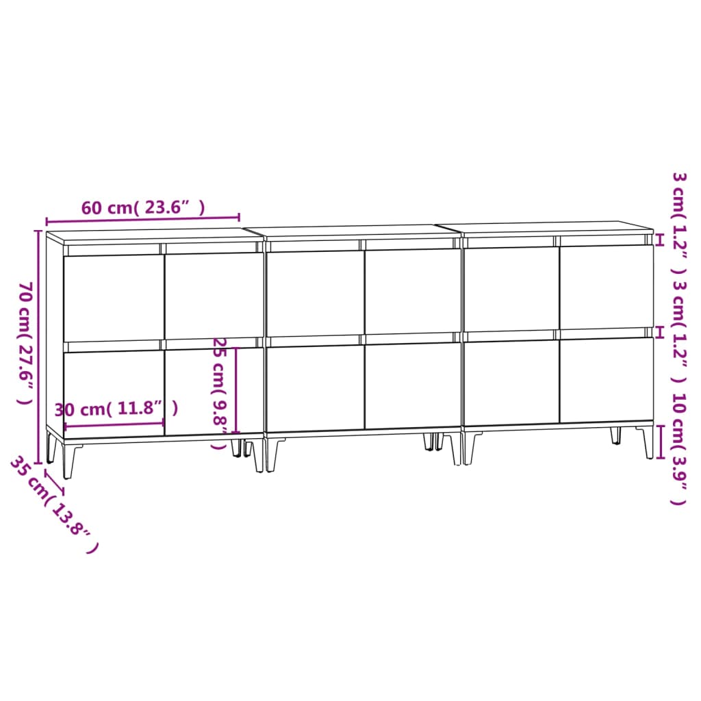 vidaXL Komody 3 ks sivý dub sonoma 60x35x70 cm kompozitné drevo