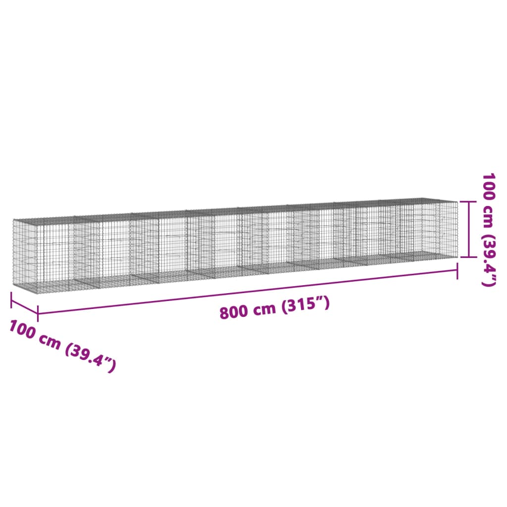 vidaXL Gabiónový kôš s krytom 800x100x100 cm pozinkované železo