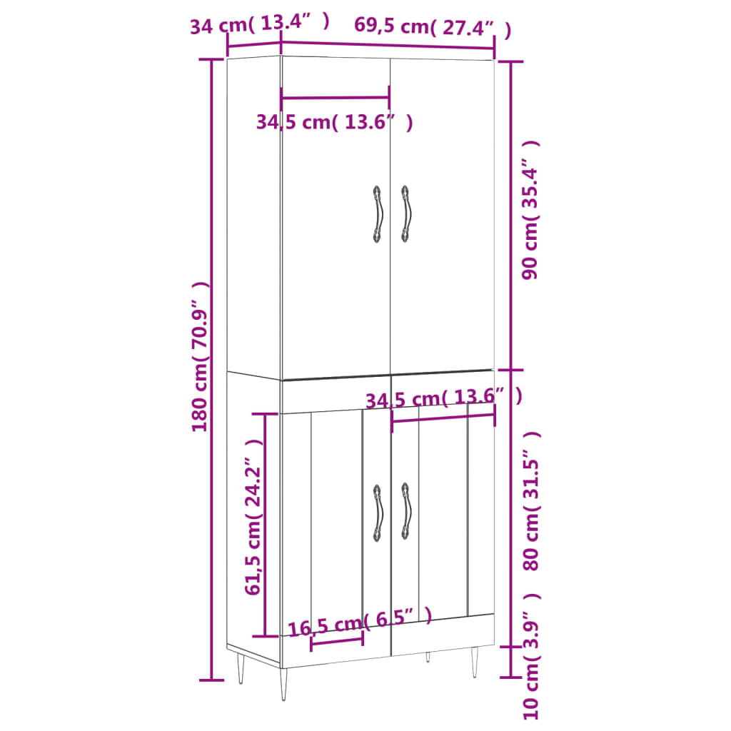 vidaXL Vysoká skrinka hnedý dub 69,5x34x180 cm spracované drevo