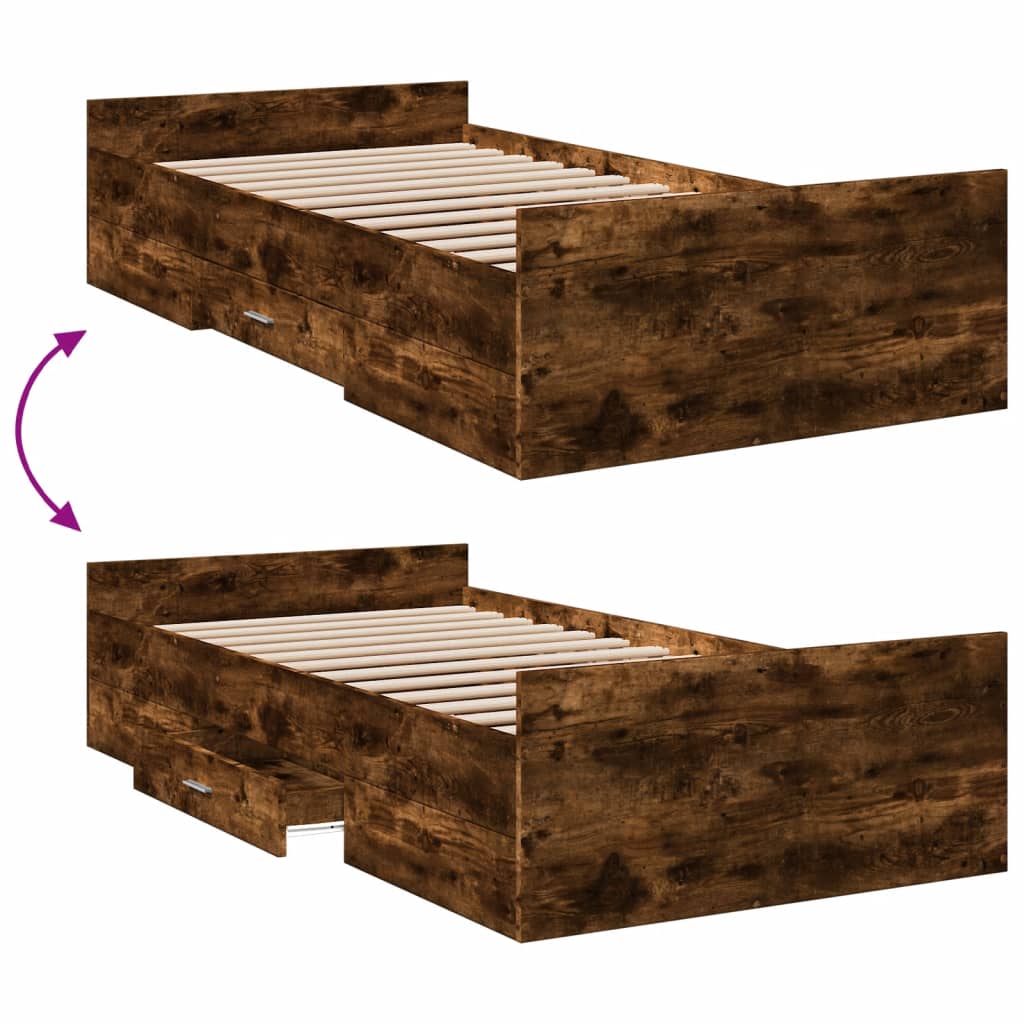 vidaXL Posteľný rám so zásuvkami dymový dub 100x200cm kompozitné drevo
