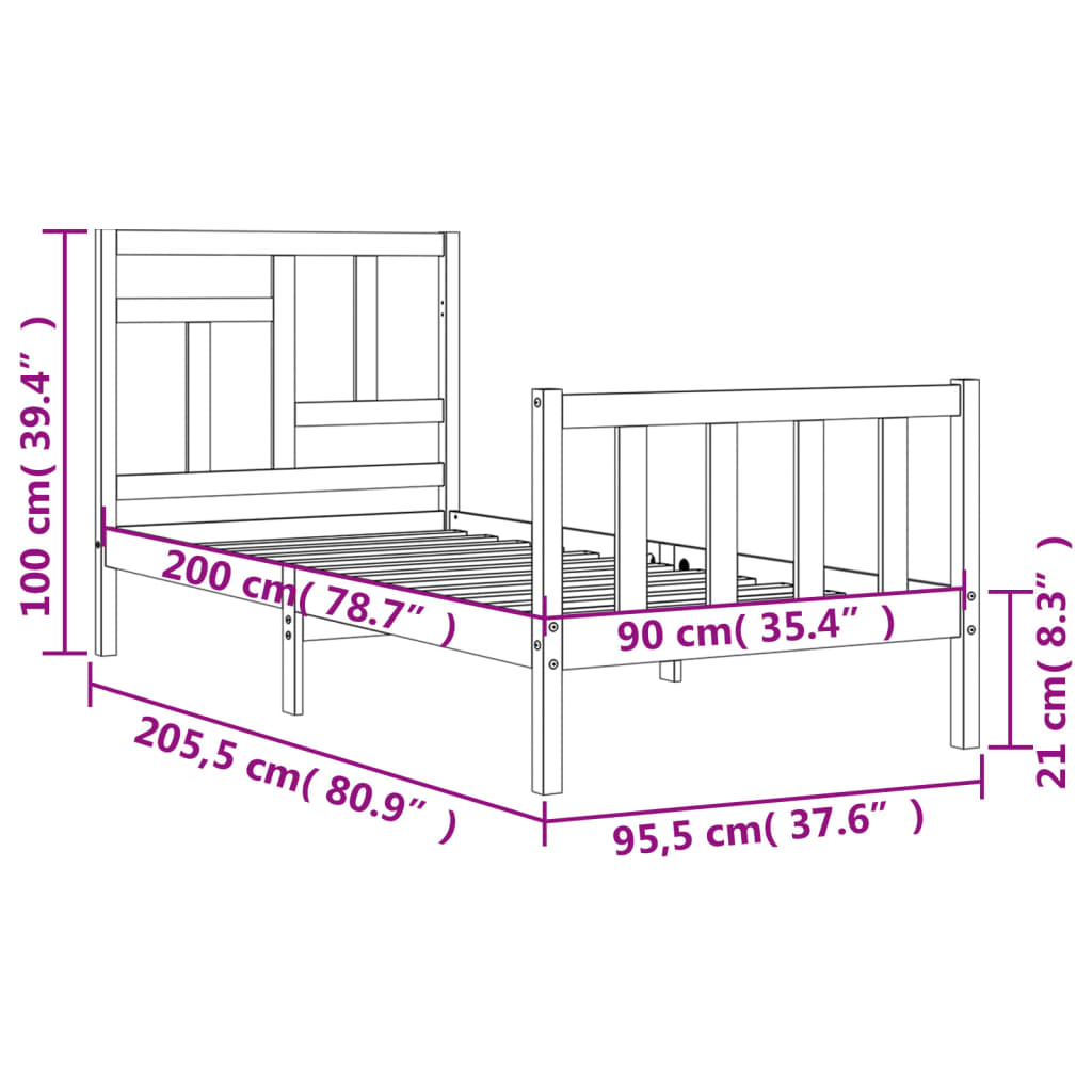 vidaXL Posteľný rám s čelom 90x200 cm masívne drevo