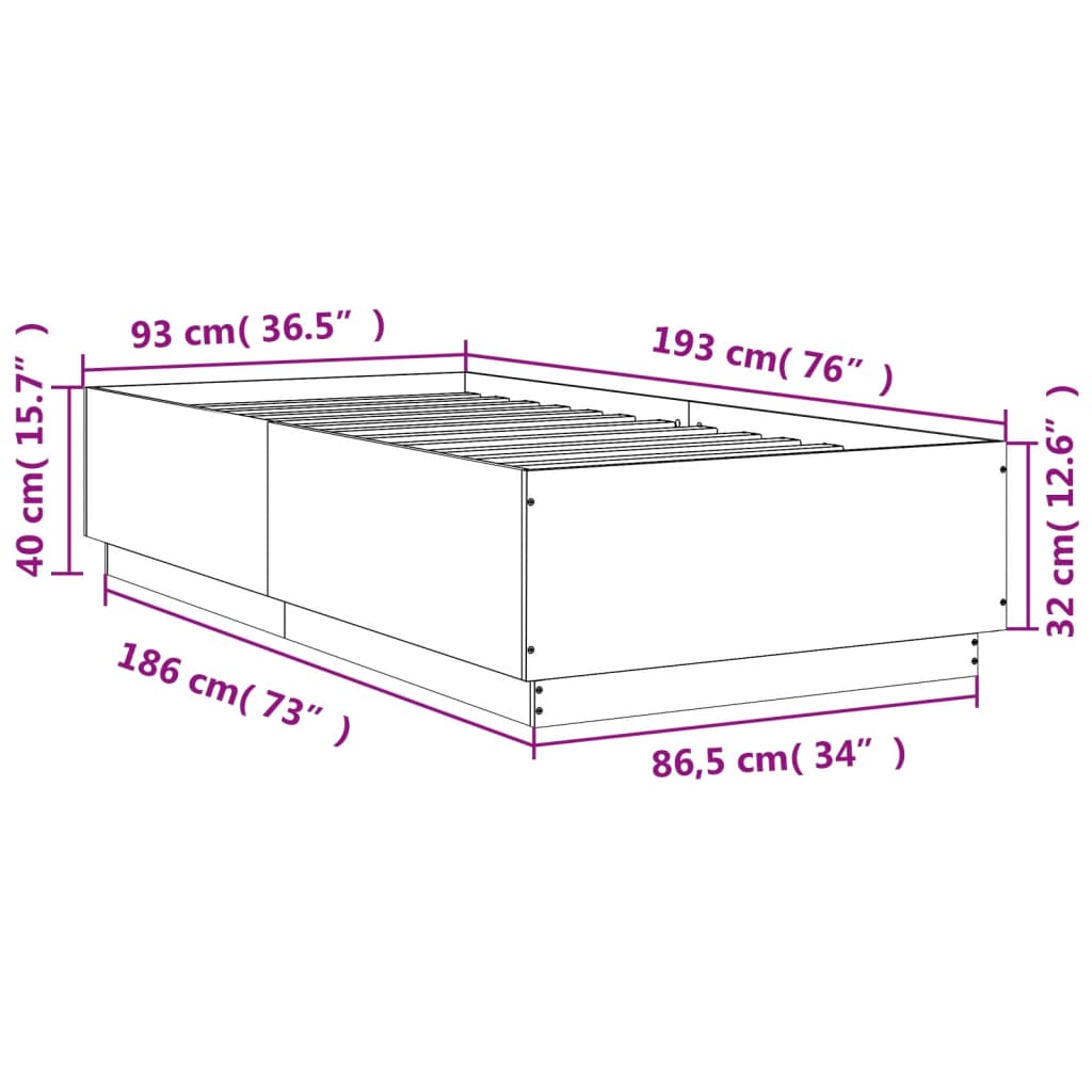 vidaXL Posteľný rám s LED svetlami betónový 90x190 cm kompozitné drevo