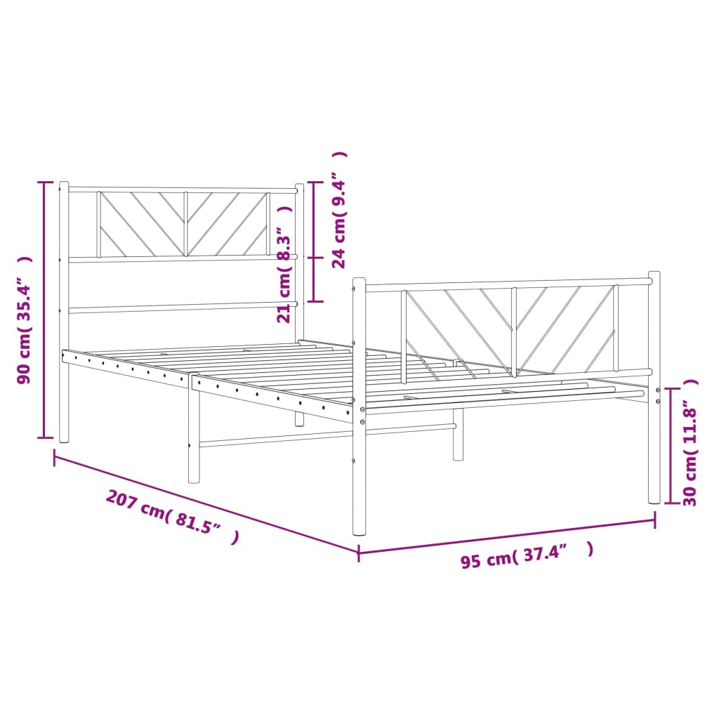 vidaXL Kovový rám postele s čelom a podnožkou biely 90x200 cm