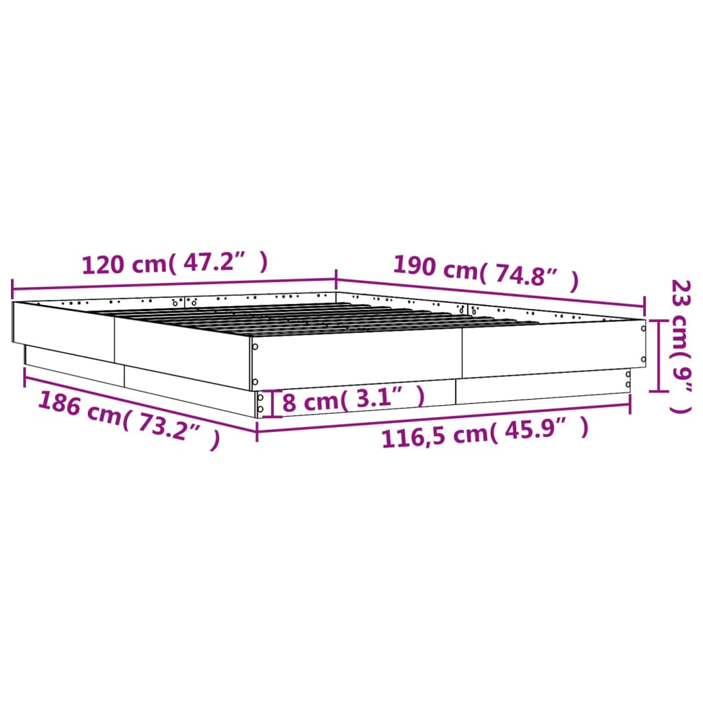 vidaXL Posteľný rám s LED svetlami sivý dub sonoma 120x190 cm