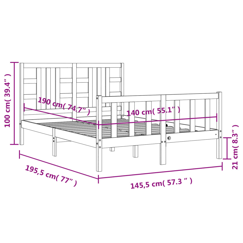 vidaXL Rám postele s čelom biely 140x190 cm masívne drevo