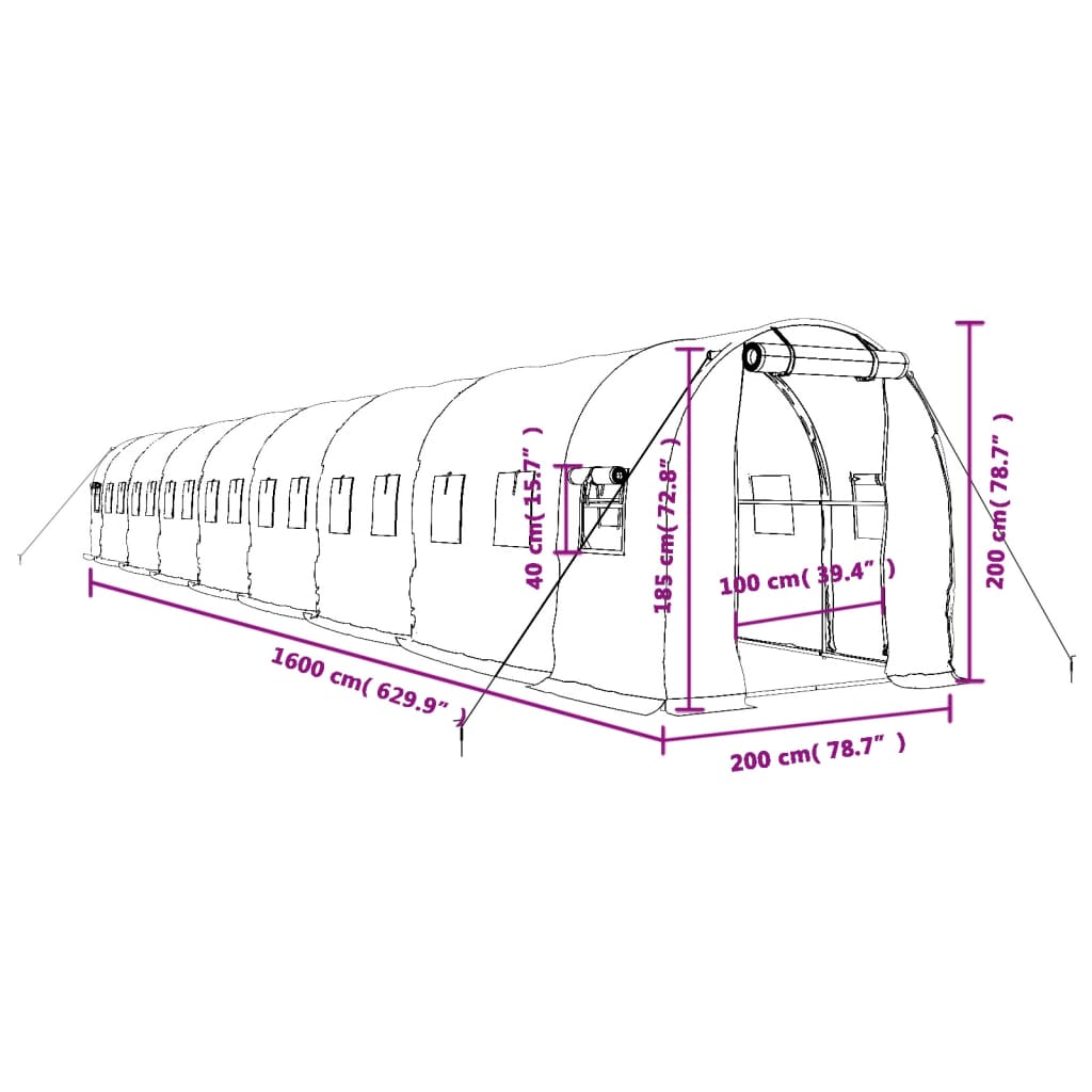 vidaXL Fóliovník s oceľovým rámom zelený 32 m² 16x2x2 m