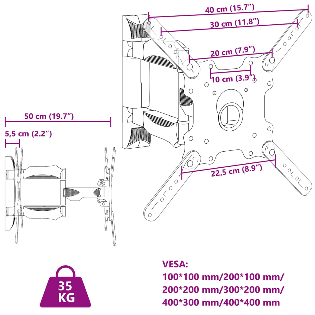 vidaXL Nástenný držiak na TV 32-55-palcov Max VESA 400x400 mm 35 kg