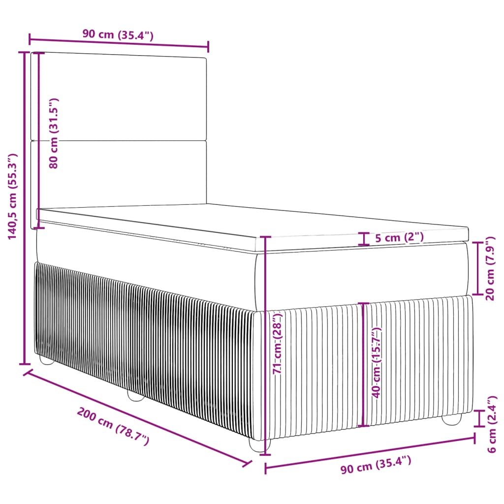 vidaXL Posteľný rám boxsping s matracom bledosivý 90x200 cm zamat