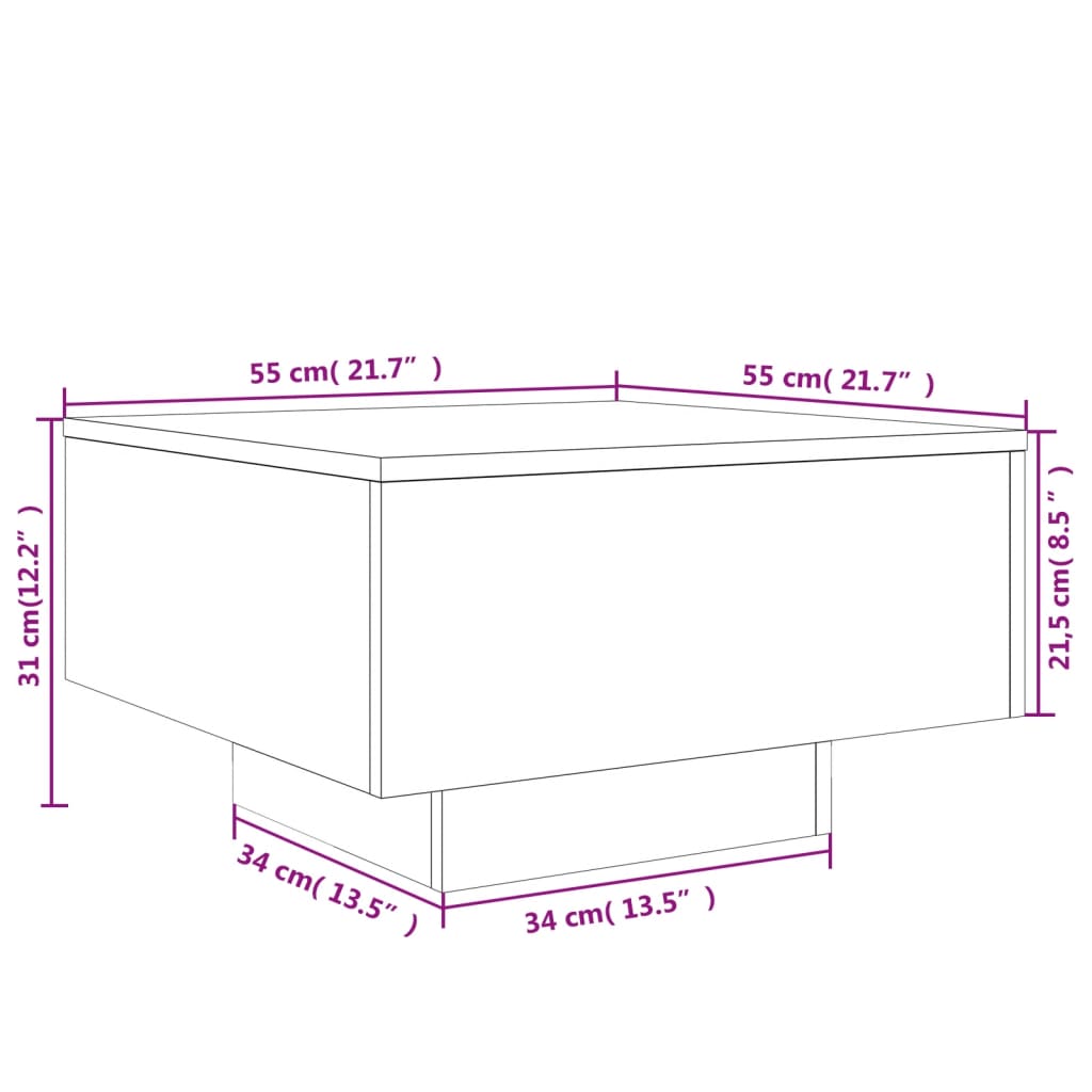 vidaXL Konferenčný stolík s LED svetlami dymový dub 55x55x31 cm