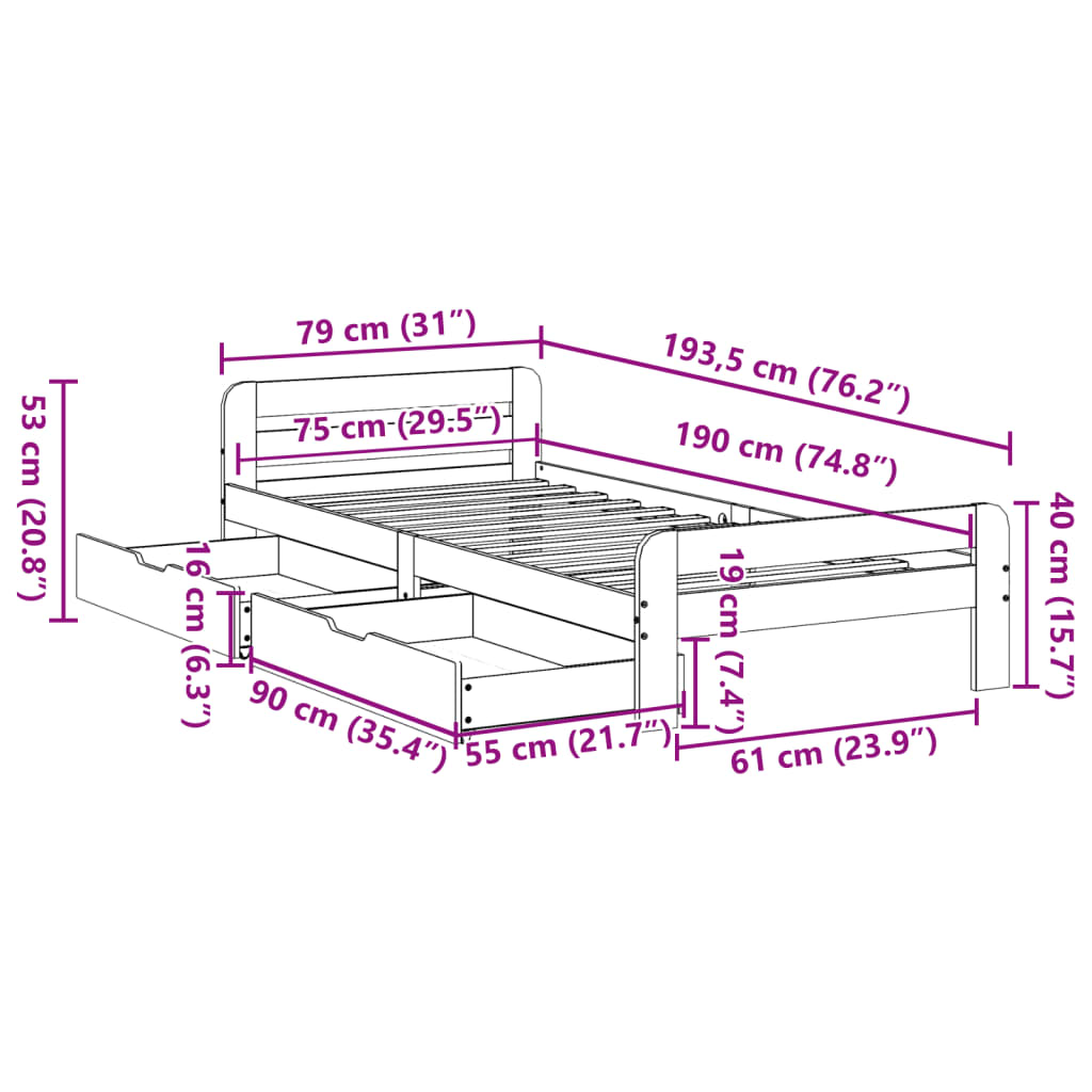 vidaXL Posteľ bez matraca 75x190 cm masívna borovica