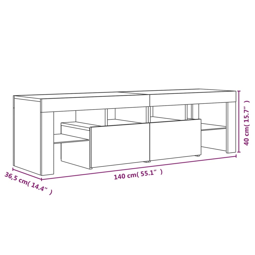 vidaXL TV skrinka s LED svetlami dymový dub 140x36,5x40 cm