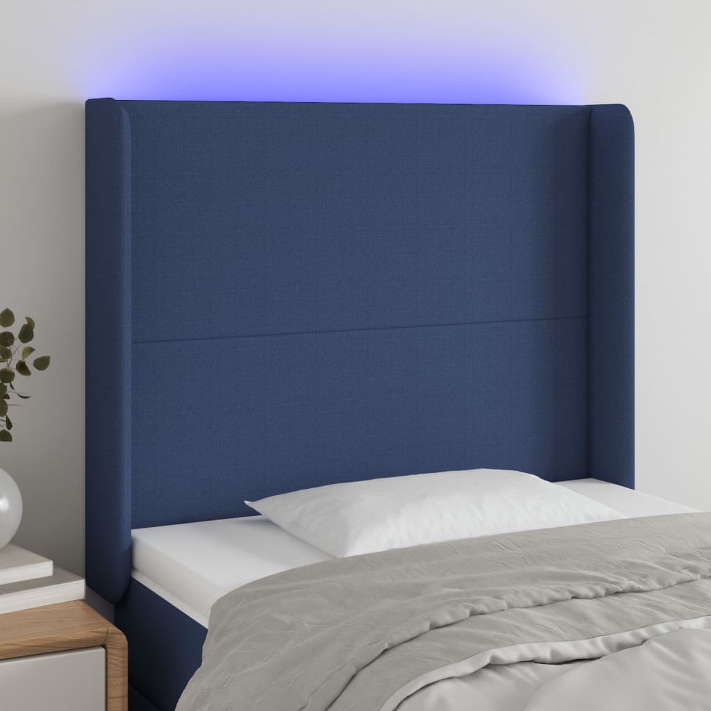 vidaXL Čelo postele s LED modré 103x16x118/128 cm látka