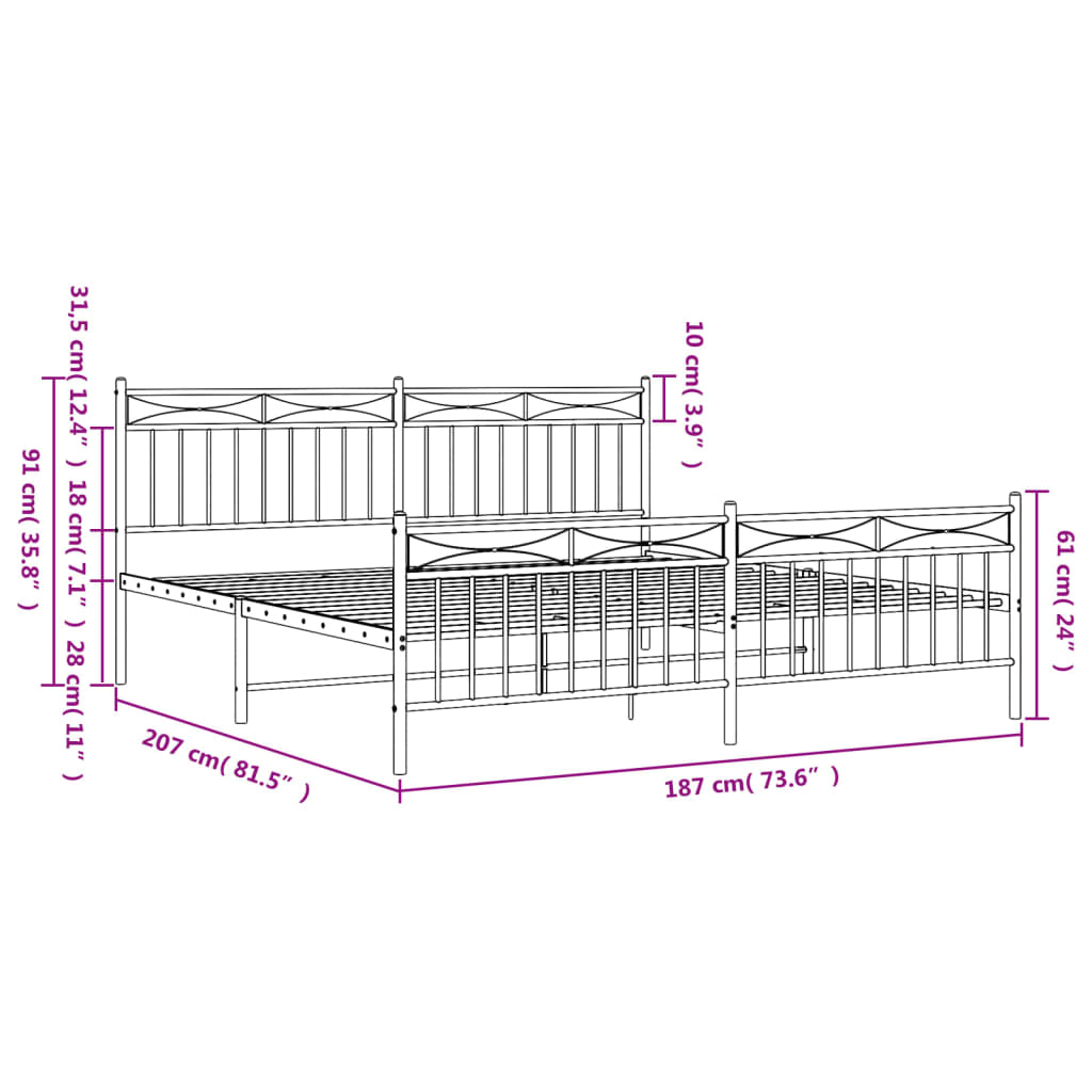 vidaXL Kovový rám postele s čelom a podnožkou biely 180x200 cm