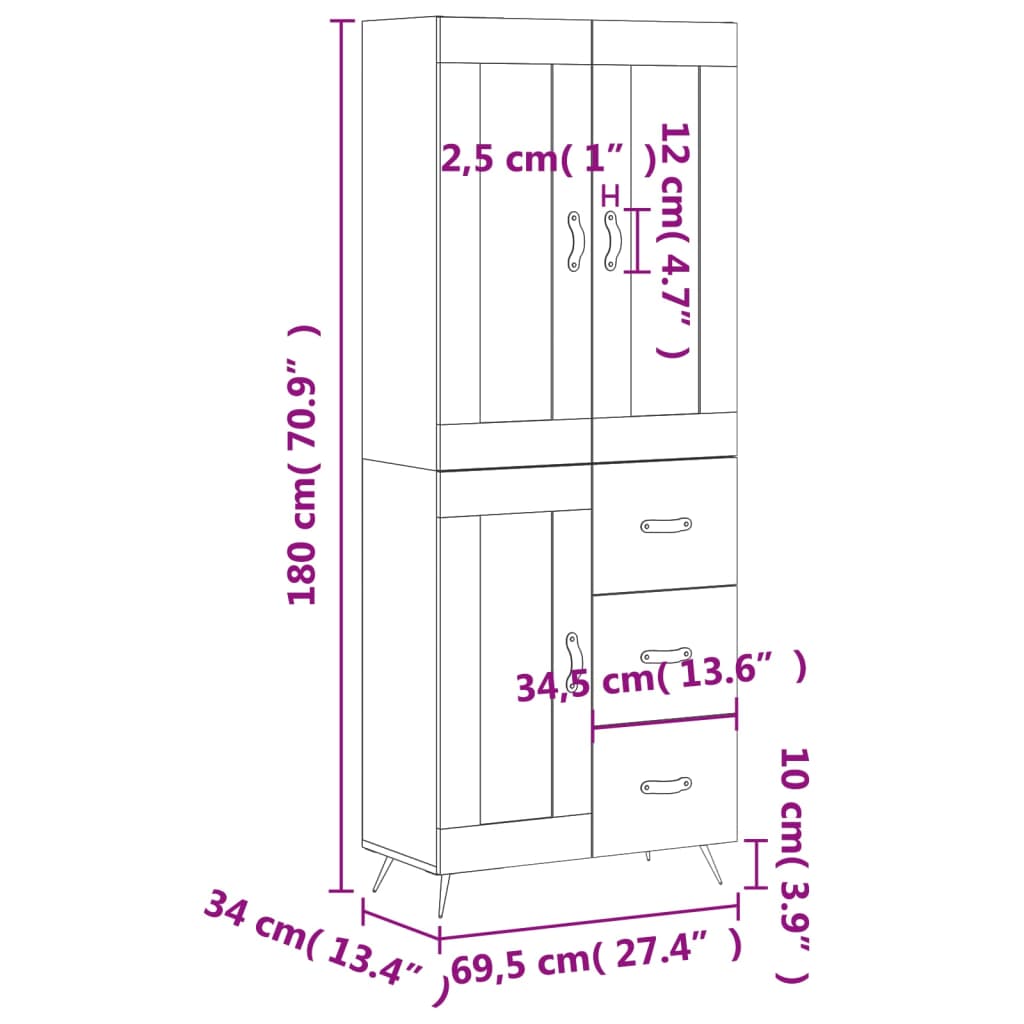 vidaXL Vysoká skrinka lesklá biela 69,5x34x180 cm spracované drevo