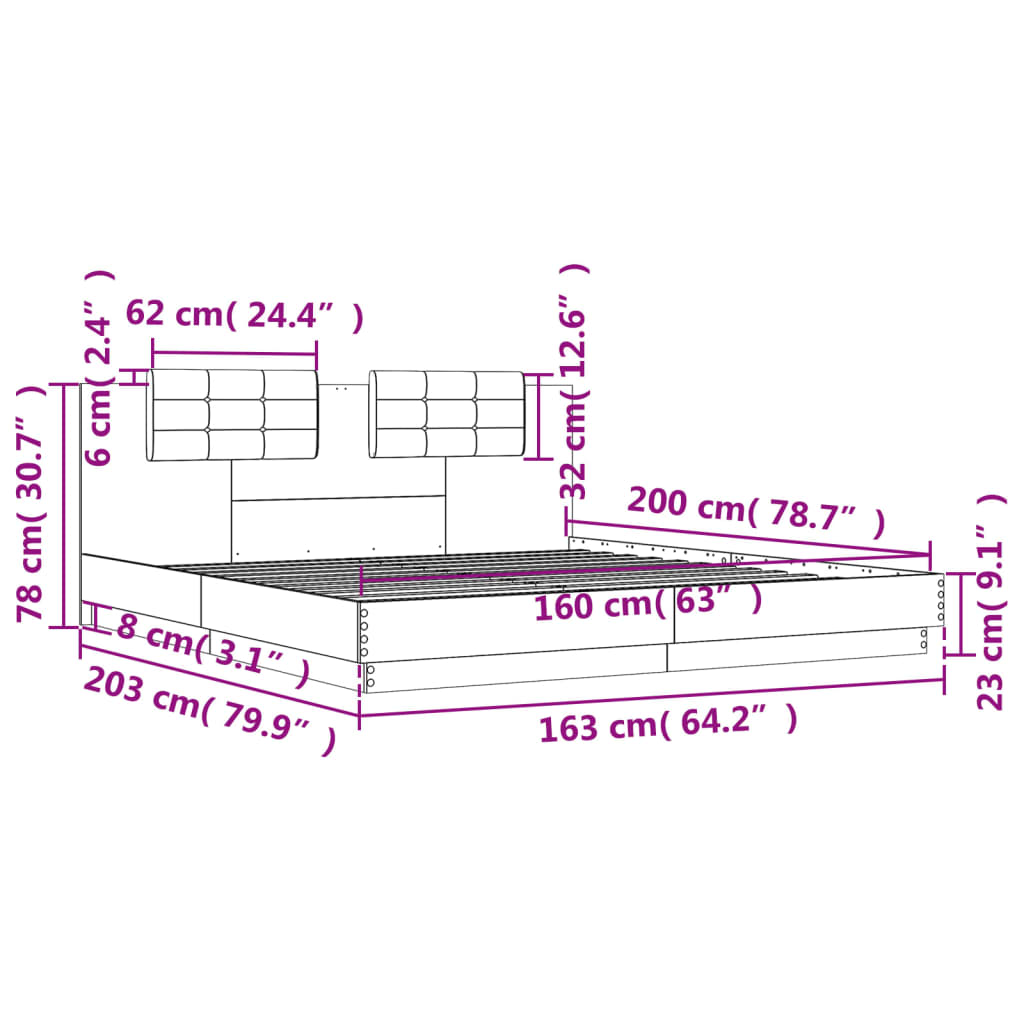 vidaXL Posteľný rám s čelom a LED svetlami dub sonoma 160x200 cm