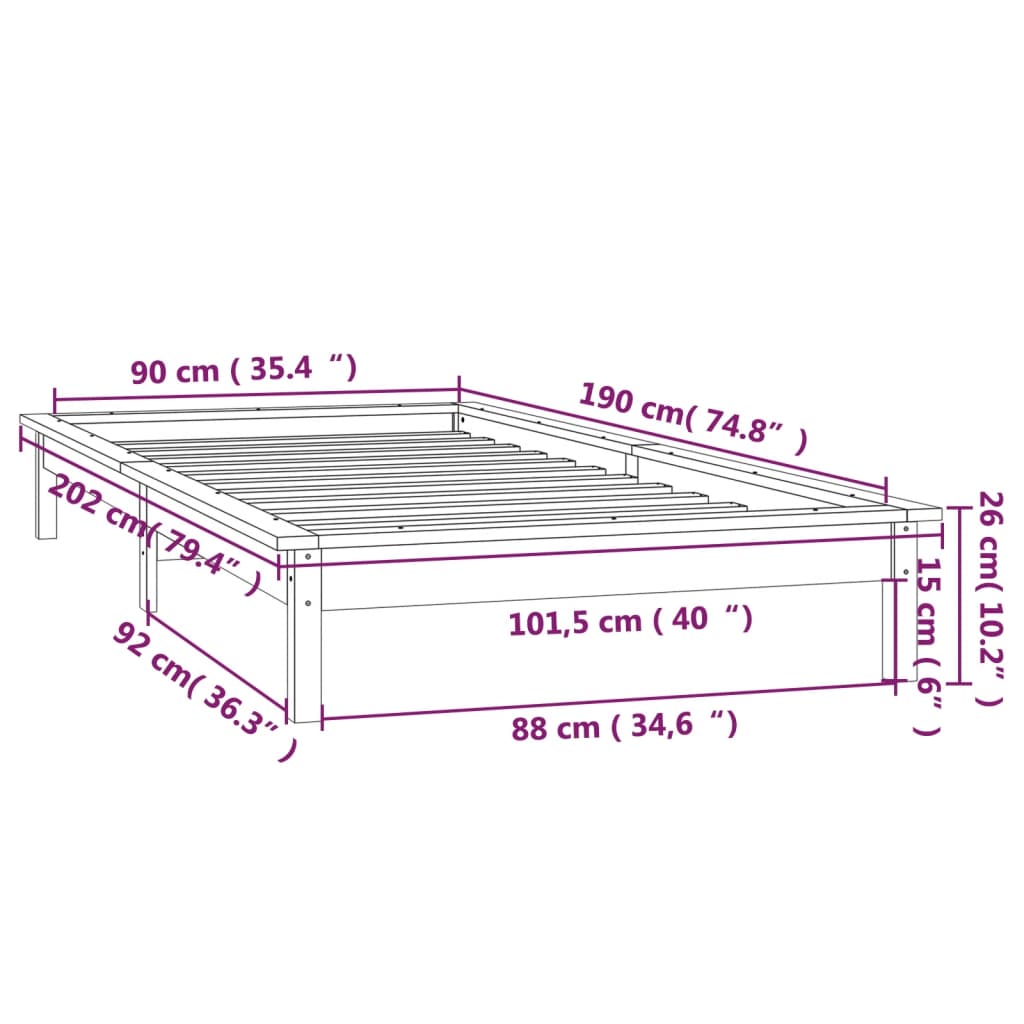 vidaXL Posteľný rám s LED čierny 90x190 cm jednolôžko masívne drevo