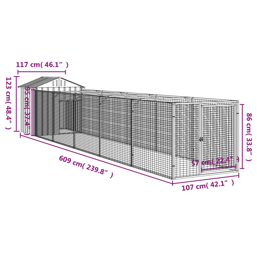 vidaXL Búda pre psa so strechou bledosivá 117x609x123 cm pozin. oceľ