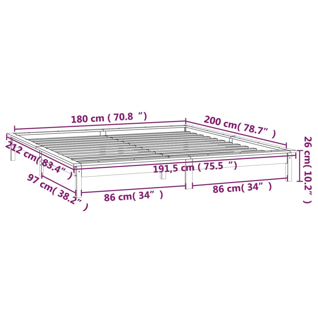 vidaXL Posteľný rám s LED, sivý 180x200 cm, Super King, drevený masív