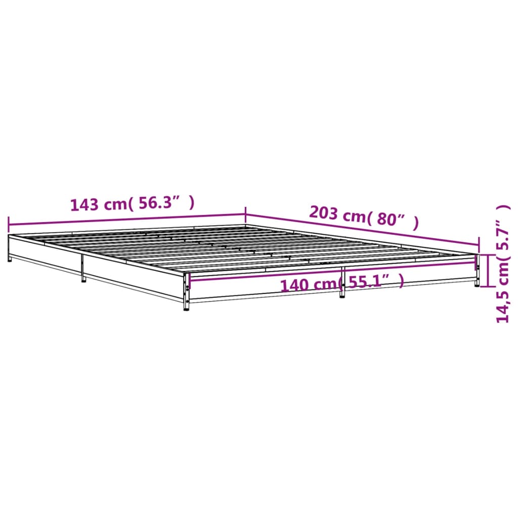 vidaXL Posteľný rám dymový dub 140x200 cm kompozitné drevo a kov