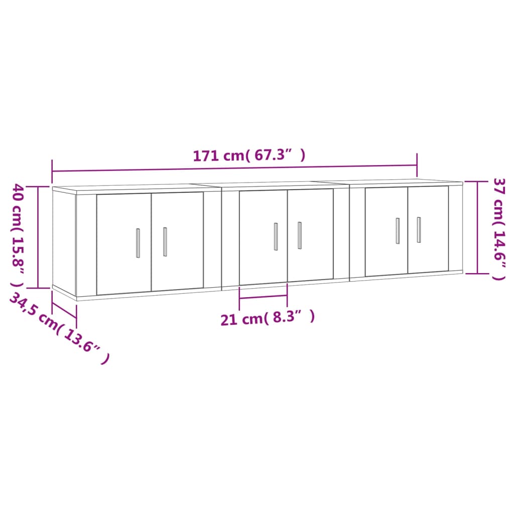 vidaXL Nástenné TV skrinky 3 ks biele 57x34,5x40 cm