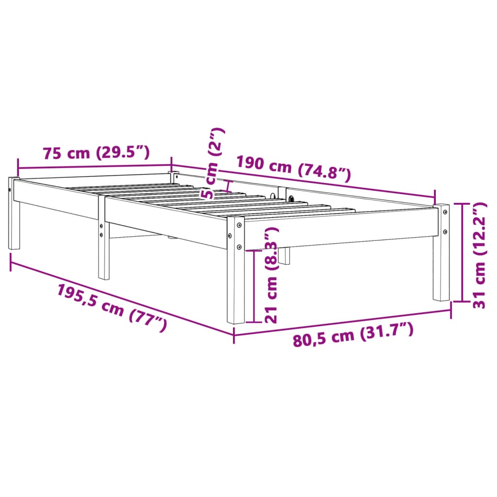 vidaXL Posteľ bez matraca voskovo hnedá 75x190 cm masívna borovica