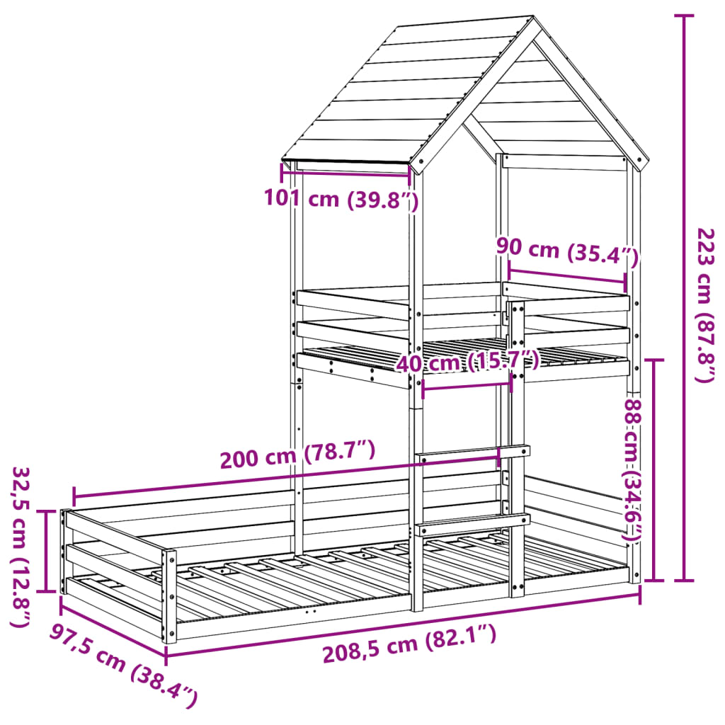 vidaXL Poschodová posteľ so strechou voskovohnedá 90x200 cm borovica