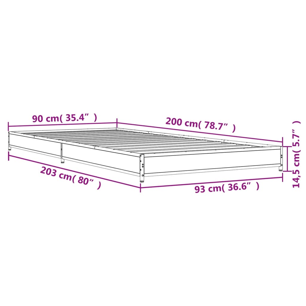 vidaXL Posteľný rám dub sonoma 90x200 cm kompozitné drevo a kov