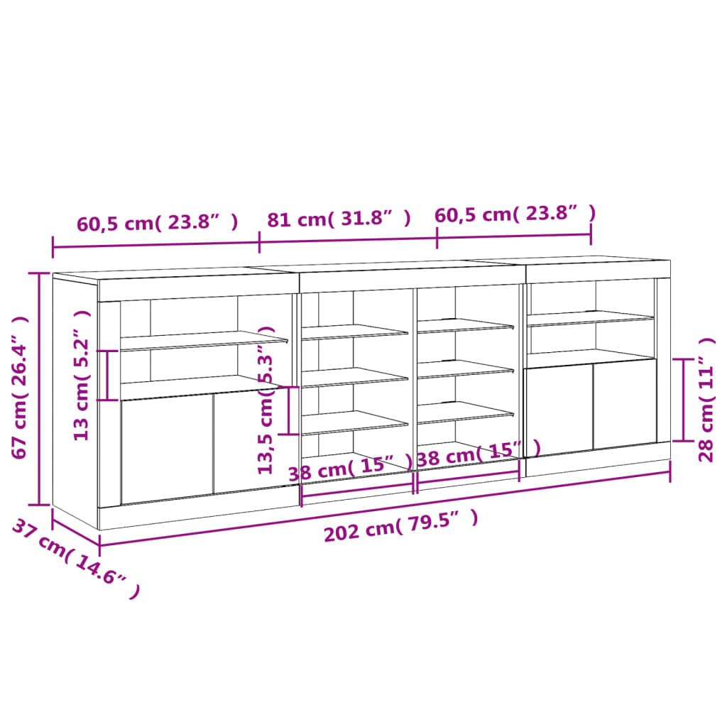 vidaXL Komoda s LED svetlami biela 202x37x67 cm