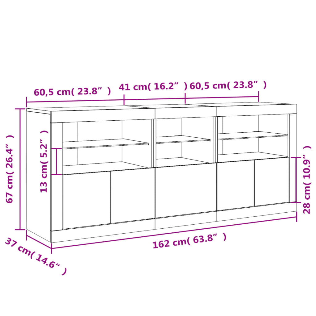 vidaXL Komoda s LED svetlami biela 162x37x67 cm